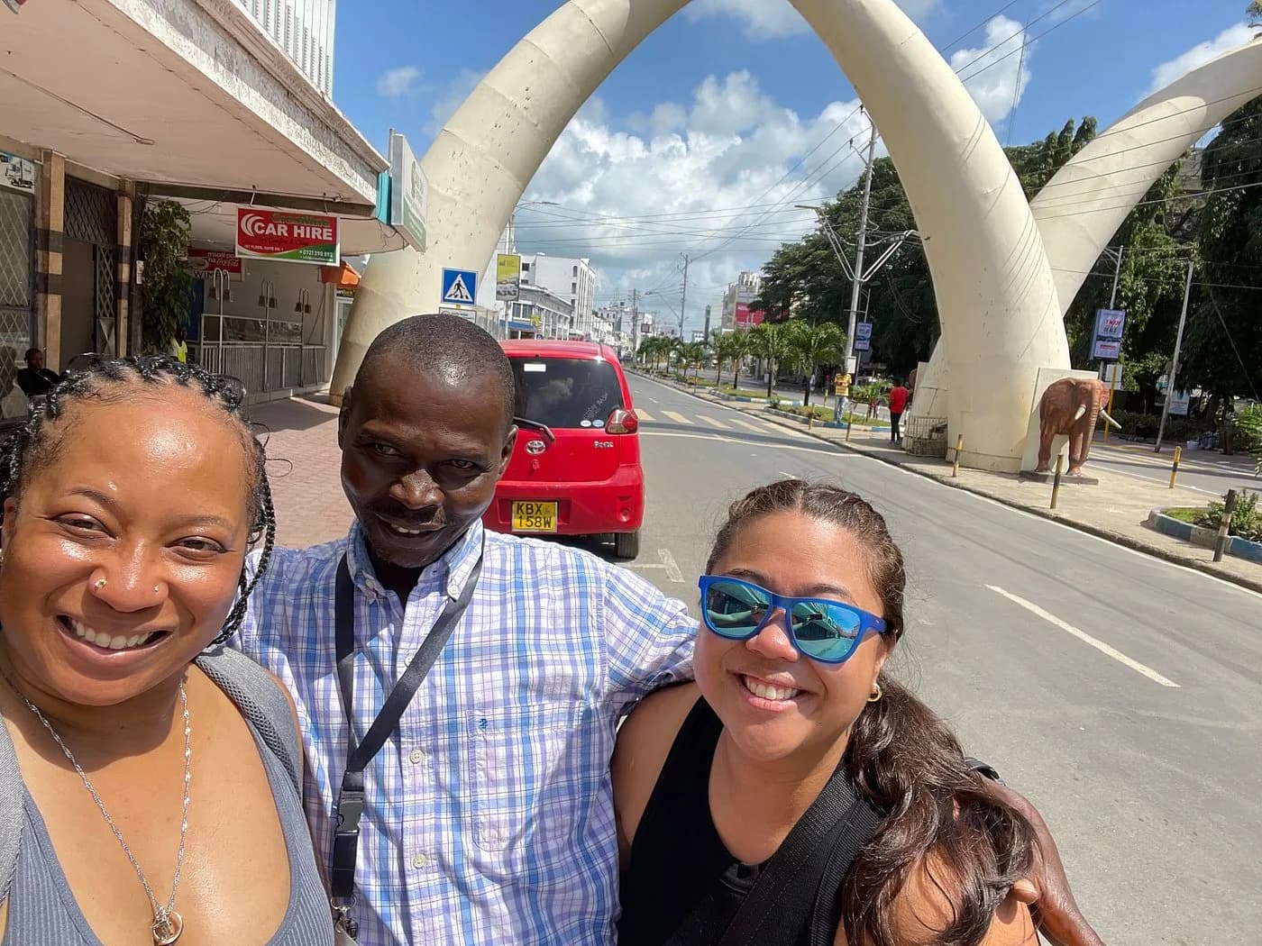 Humphrey with two guests at the Mombasa Tusks landmark